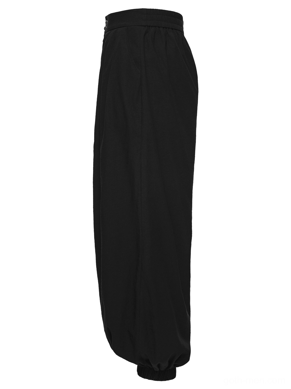Black gothic pleated lantern pants front angle flat lay, displaying loose wide leg and elasticated gathered ankle cuff detail