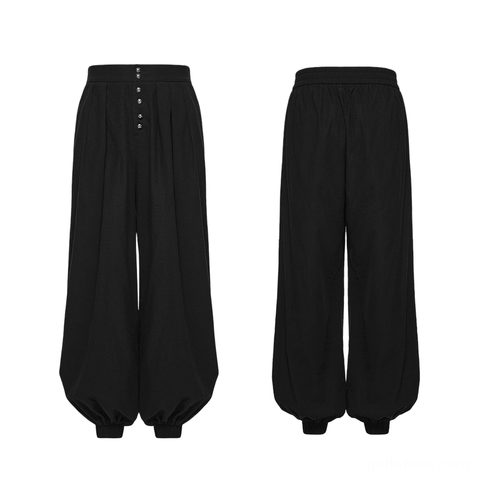 Black gothic pleated lantern pants front flat lay shot, highlighting high waist button placket and architectural pleated front design