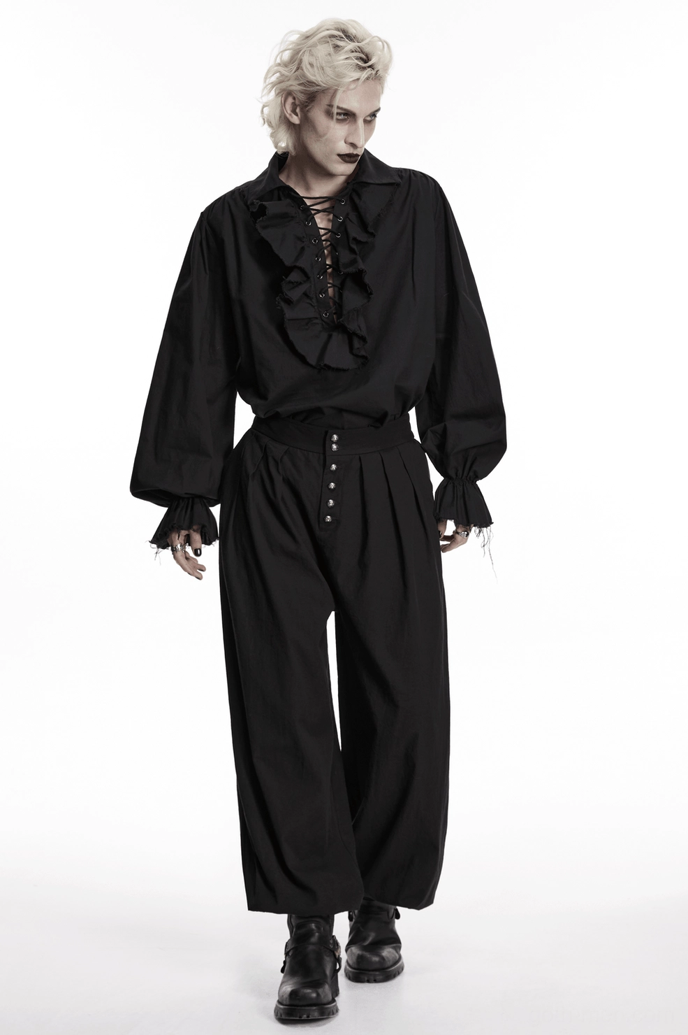 Black gothic lantern pants full-length studio shot, showcasing complete silhouette from waist through gathered ankle cuffs