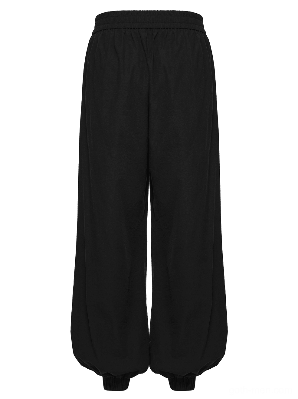 Black gothic tapered pants side profile showing vertical fabric pleats and slim elastic ankle hem construction