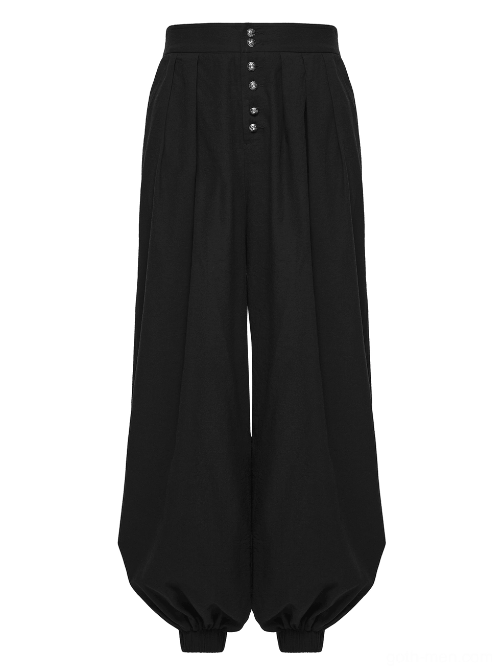 Black gothic tapered pants side profile flat lay view showing structured silhouette and solid woven fabric construction