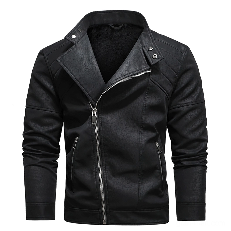 Black lapel faux leather jacket with visible fleece lining and snap collar gothic style