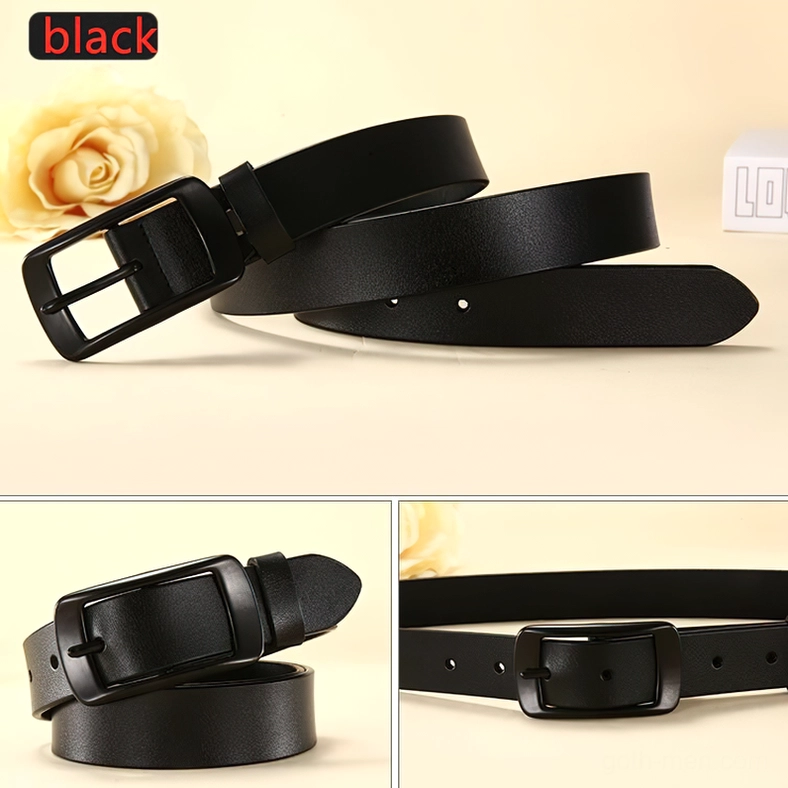 Black genuine leather gothic belt flat lay with decorative rose, unisex pin buckle adjustable belt for alternative fashion
