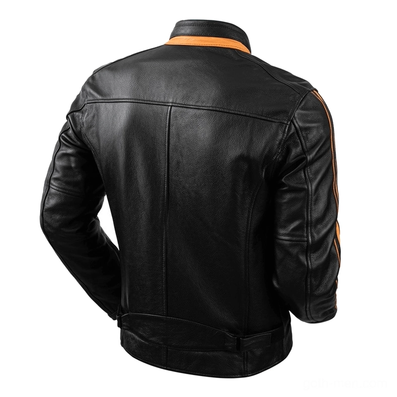 Back view of black gothic leather motorcycle jacket showing waist adjustment strap and sleeve stripes