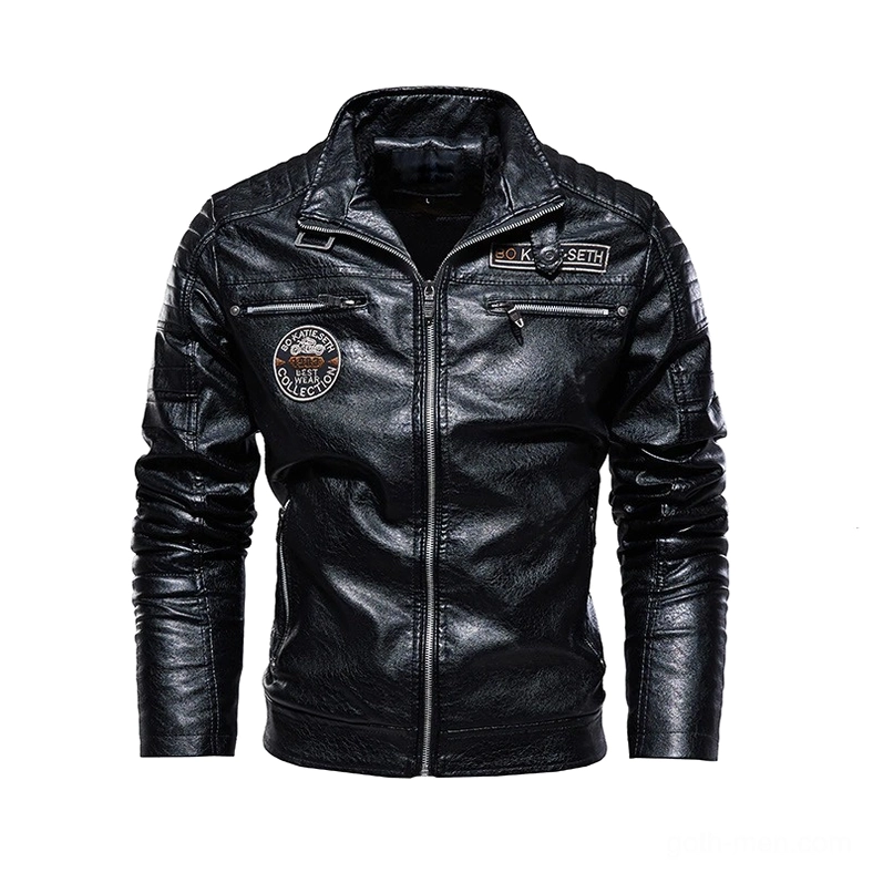 Black PU leather gothic biker jacket front view with dual chest zipper pockets and stand collar detail