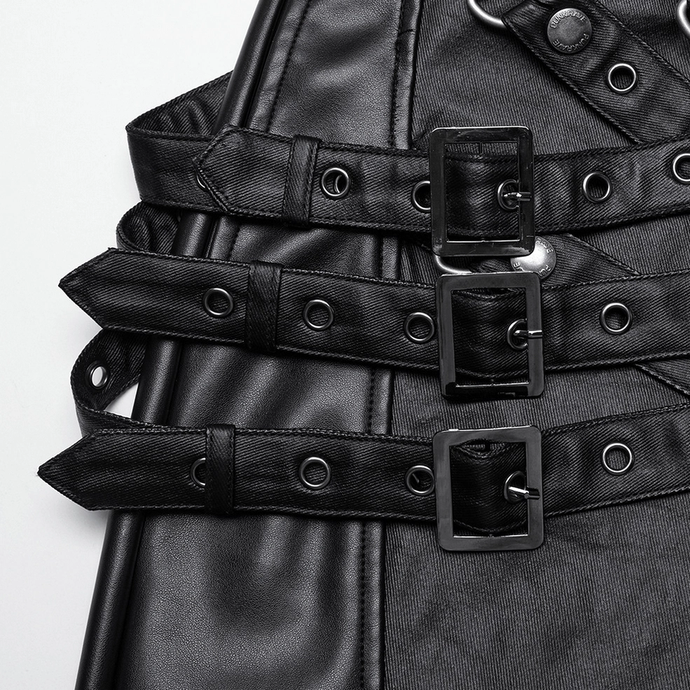 Close-up of multi-buckle adjustment strap system with square metal buckles on gothic leather pants