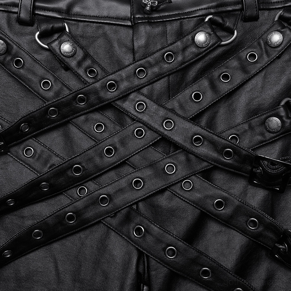 Macro close-up of crisscross black leather buckle straps with metal eyelets and stitching