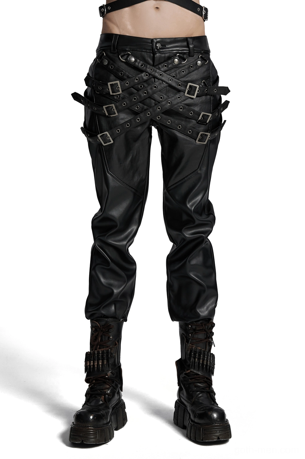 Black gothic leather pants with adjustable metal buckle straps front view on male model