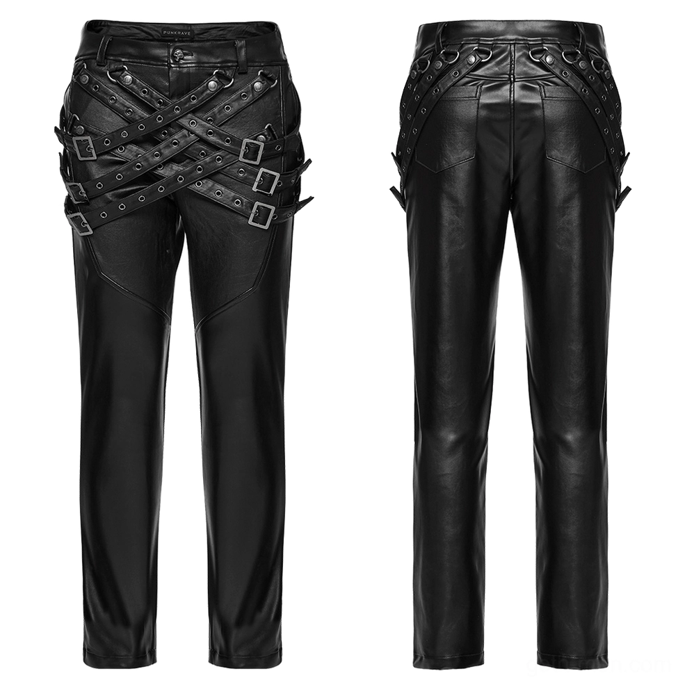 Black gothic leather pants flat lay front view showcasing crossed buckle strap design