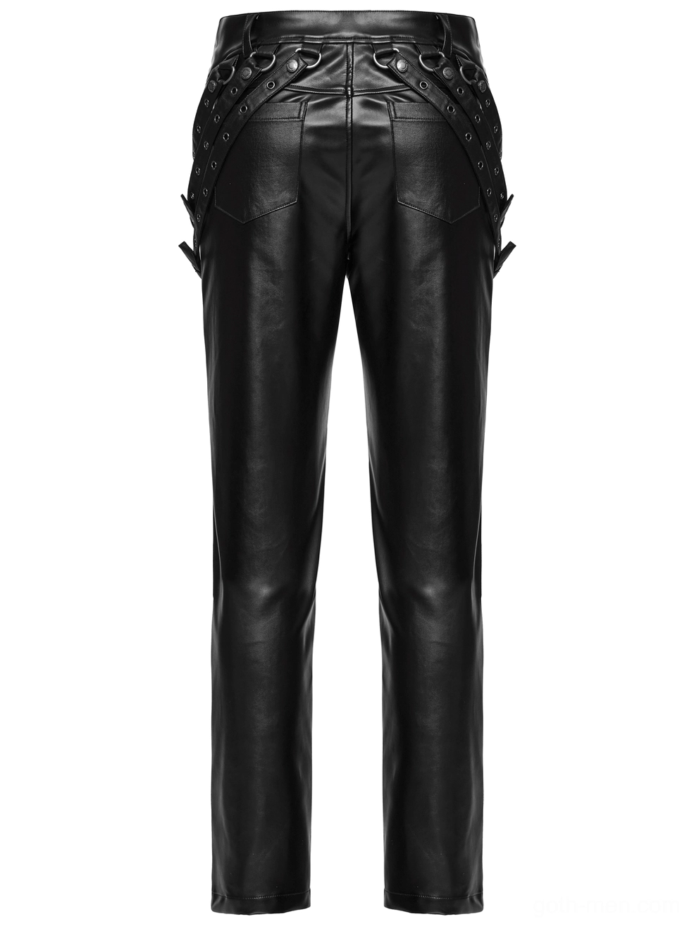 Rear flat lay of black gothic PU leather pants with grommet waistband and sleek silhouette