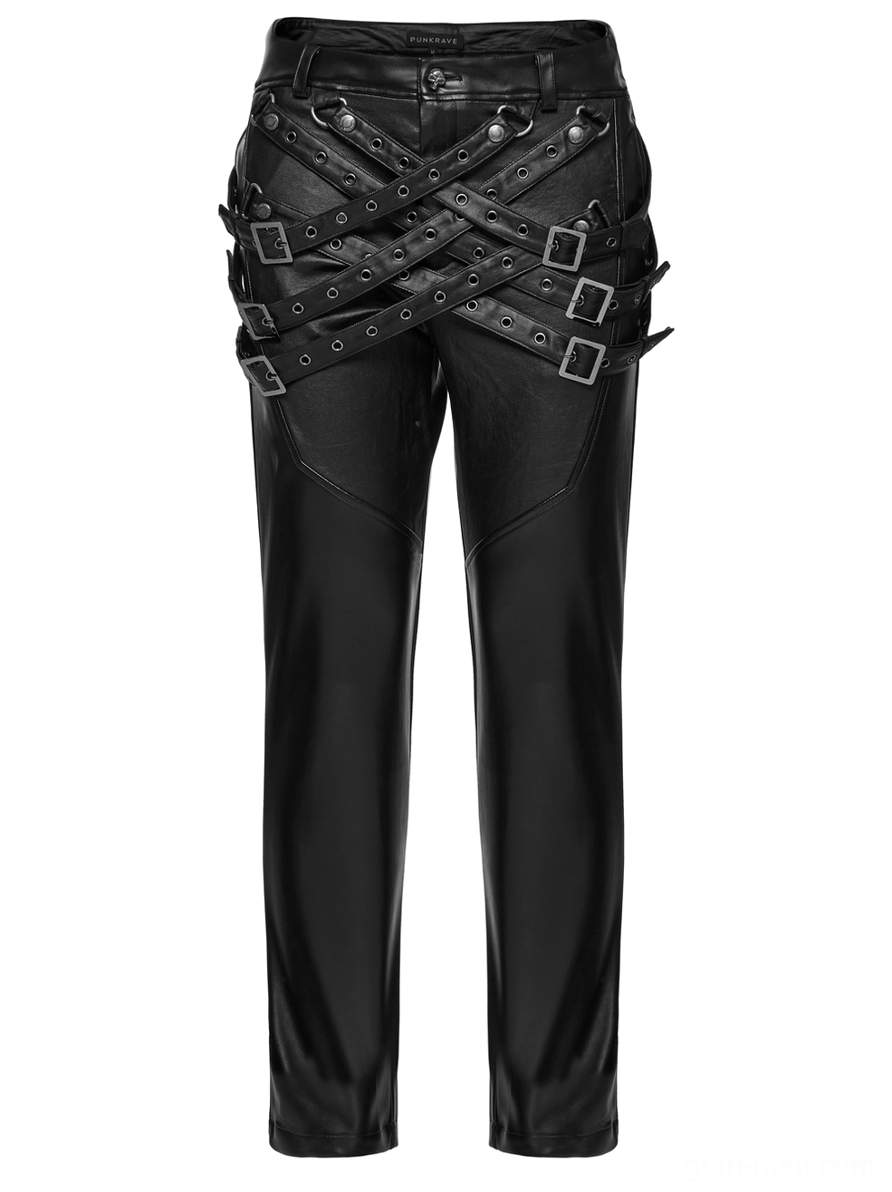 Detailed flat lay of black PU leather pants with straight leg cut and metal buckle loops