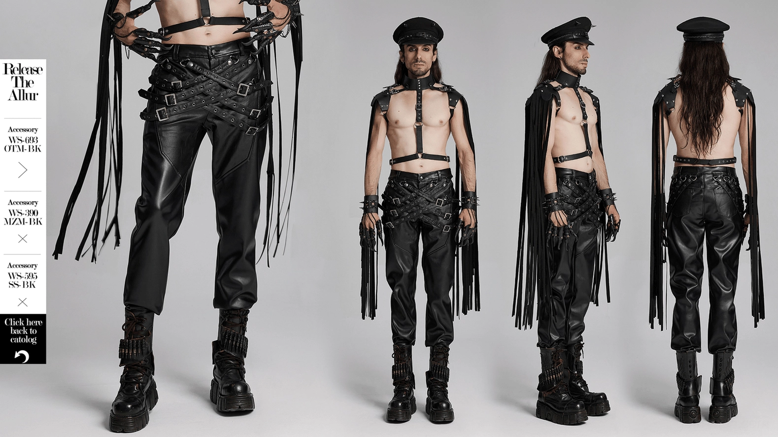 Full length front view of black gothic adjustable buckle leather pants with metal hardware details