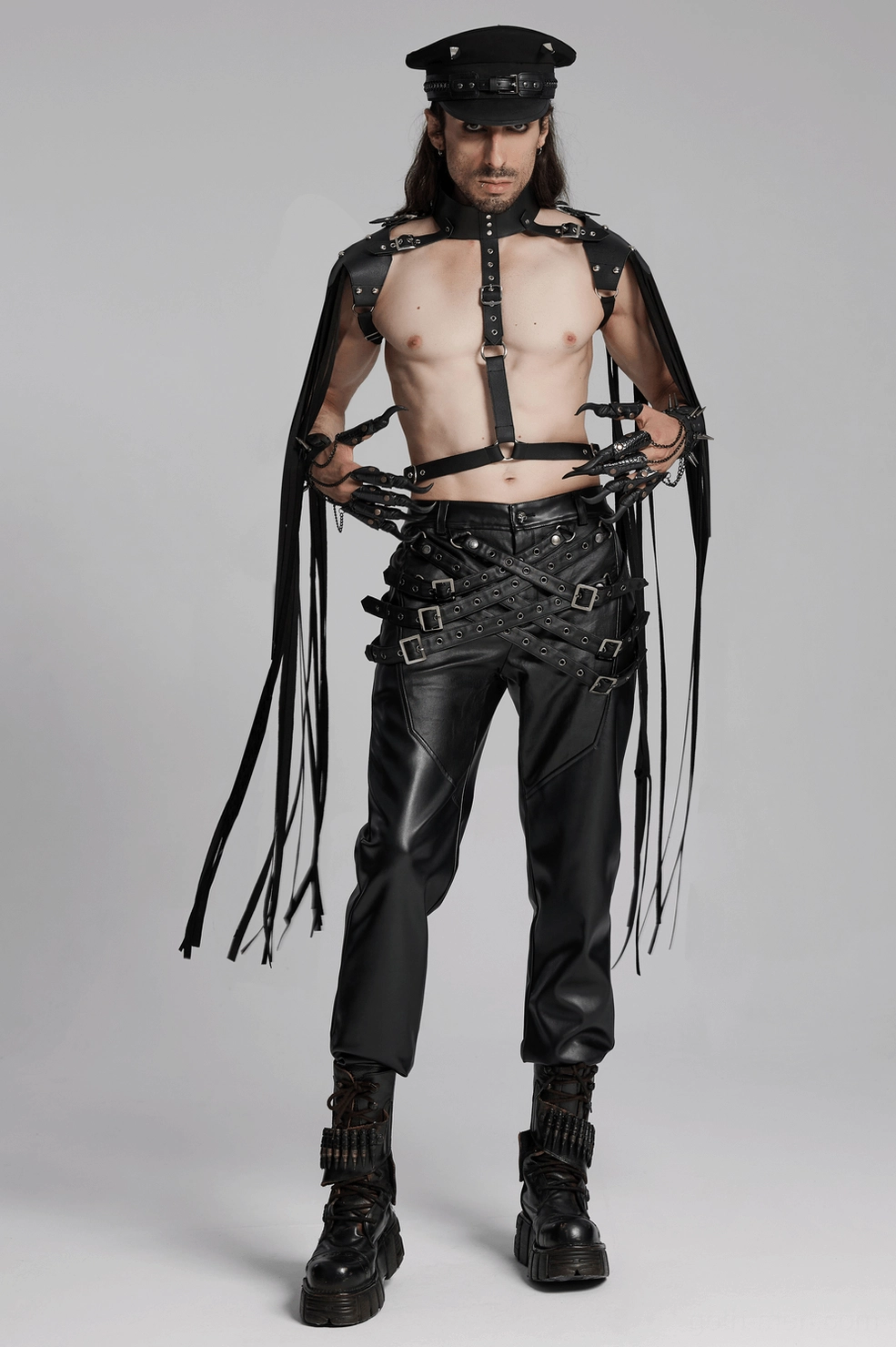 Black gothic PU leather pants side view of adjustable buckle strap system for customization
