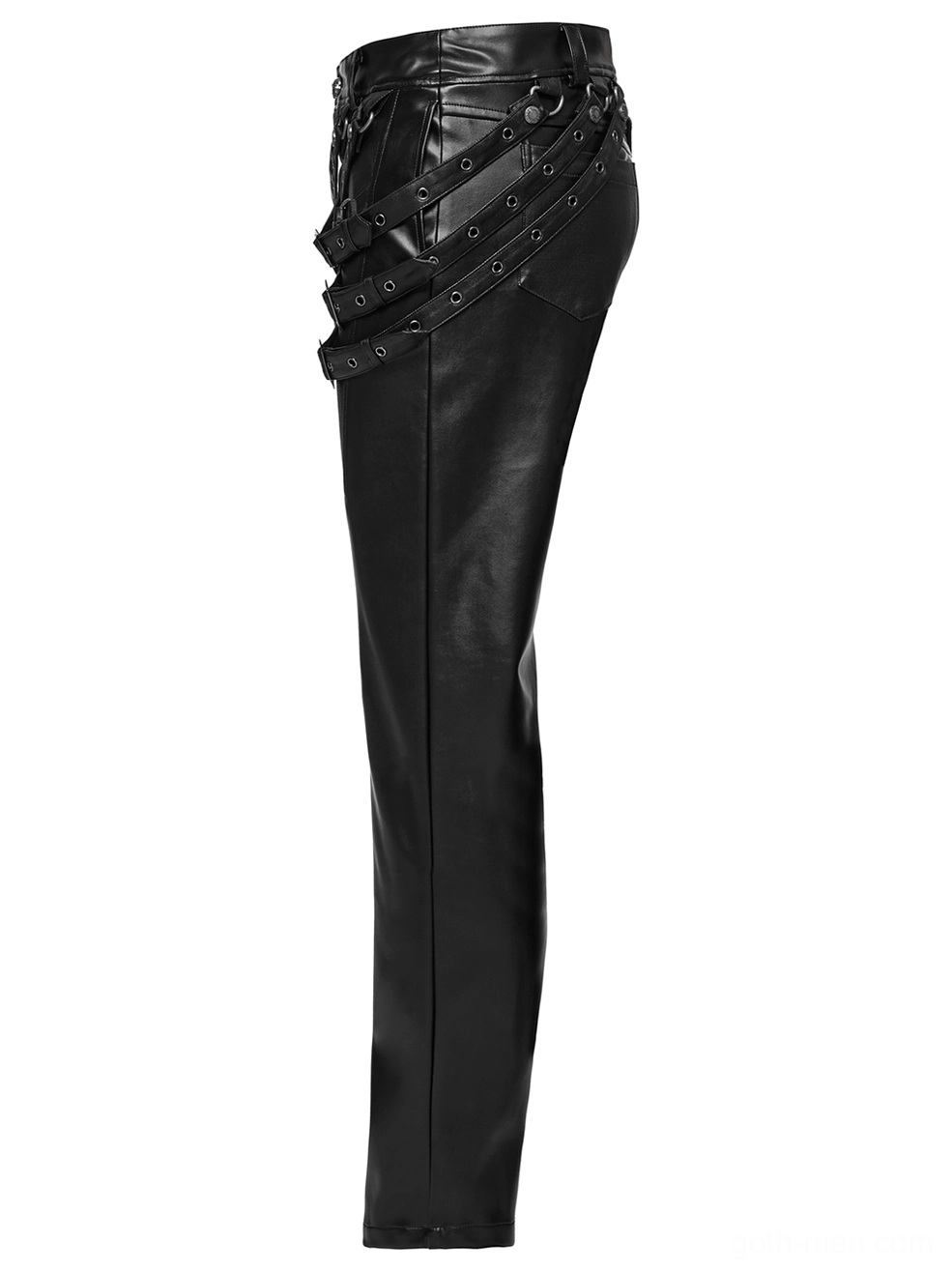 Side profile flat lay of black gothic leather pants showing hip strap details and fit