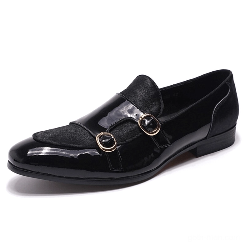 Black Patent Leather Gothic Loafers - Side Profile with Pointed Toe and Suede Vamp Panel