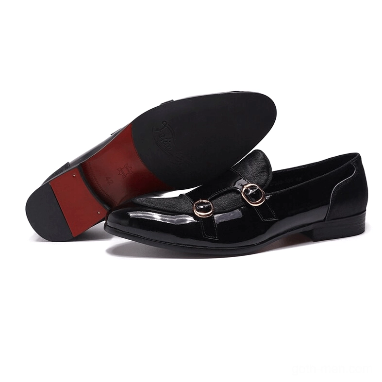 Black Gothic Loafers Top View Showing Branded Red Rubber Sole and Buckle Details