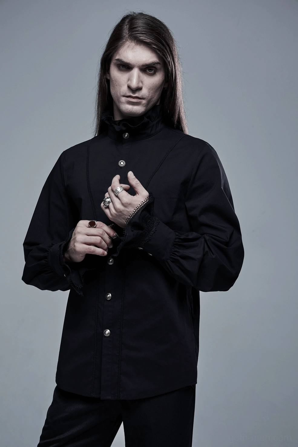 Black gothic men's formal shirt layering example with alternative styling possibilities