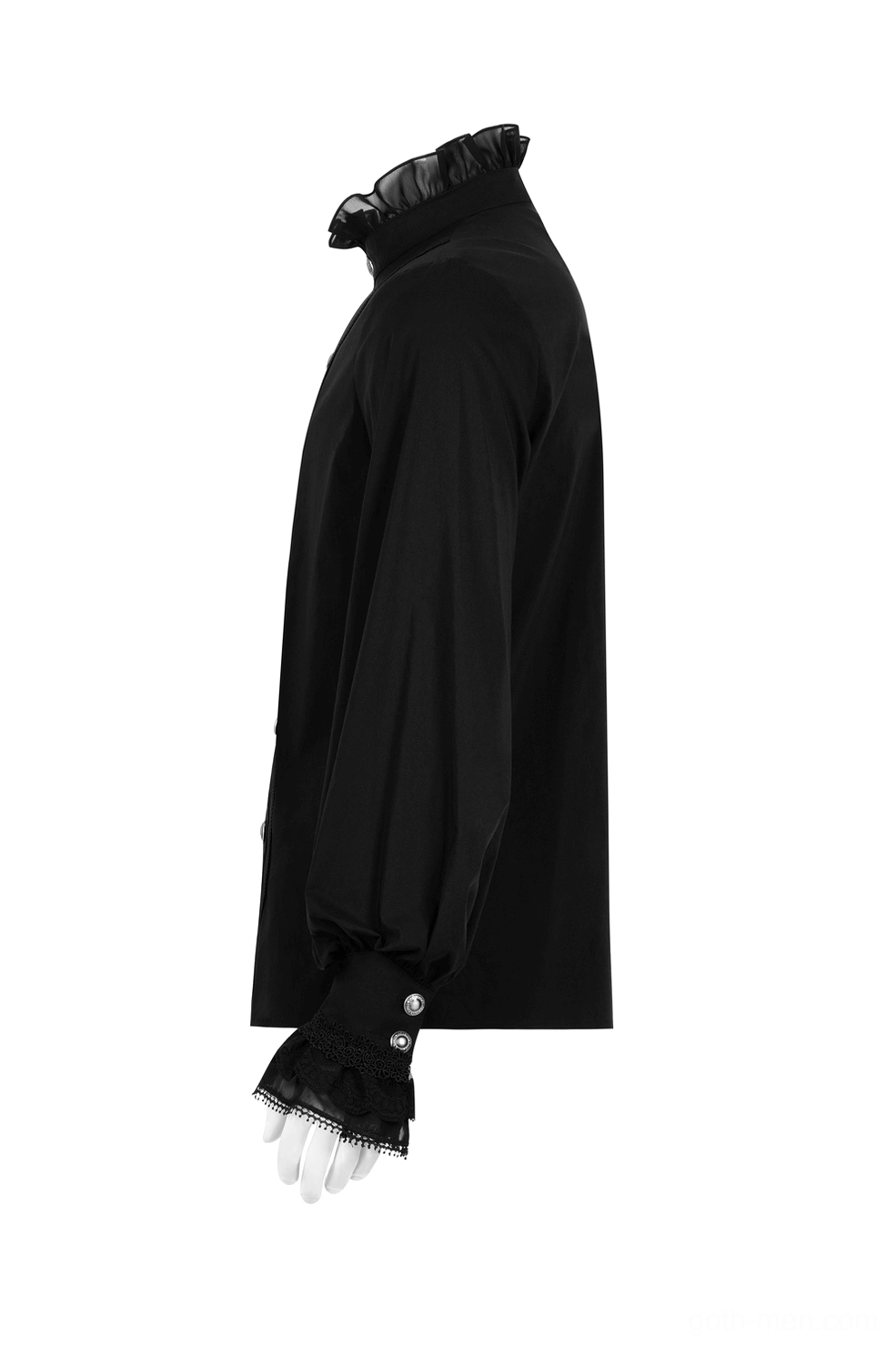 Black gothic men's shirt side profile showing bishop sleeves and buttoned lace cuff design
