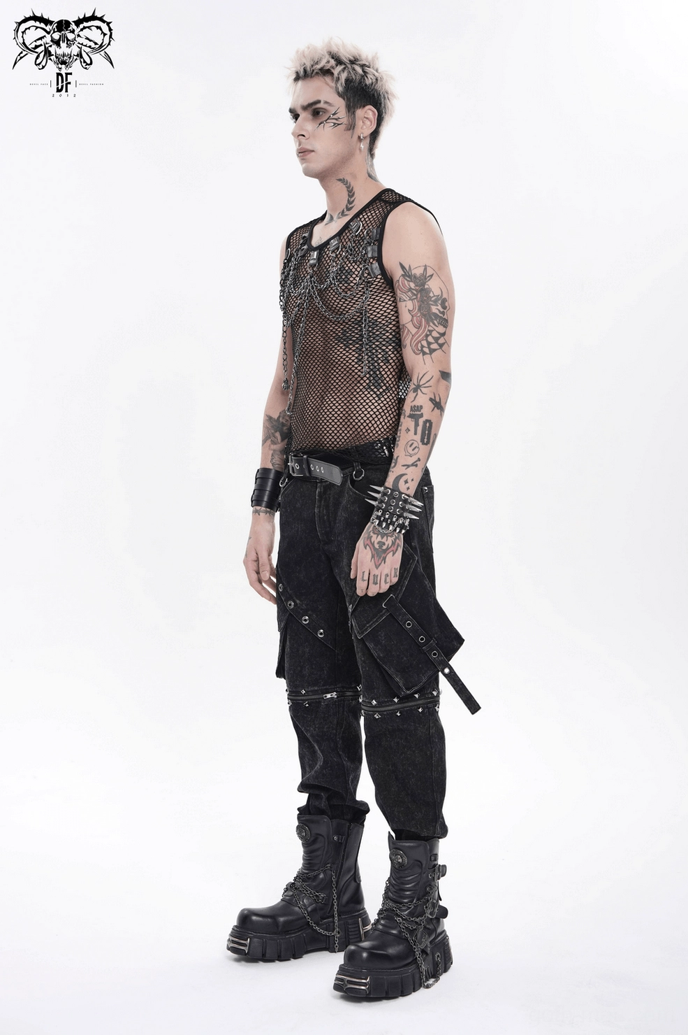 Black gothic mesh tank top full-body view highlighting metal chains and studded leather accents