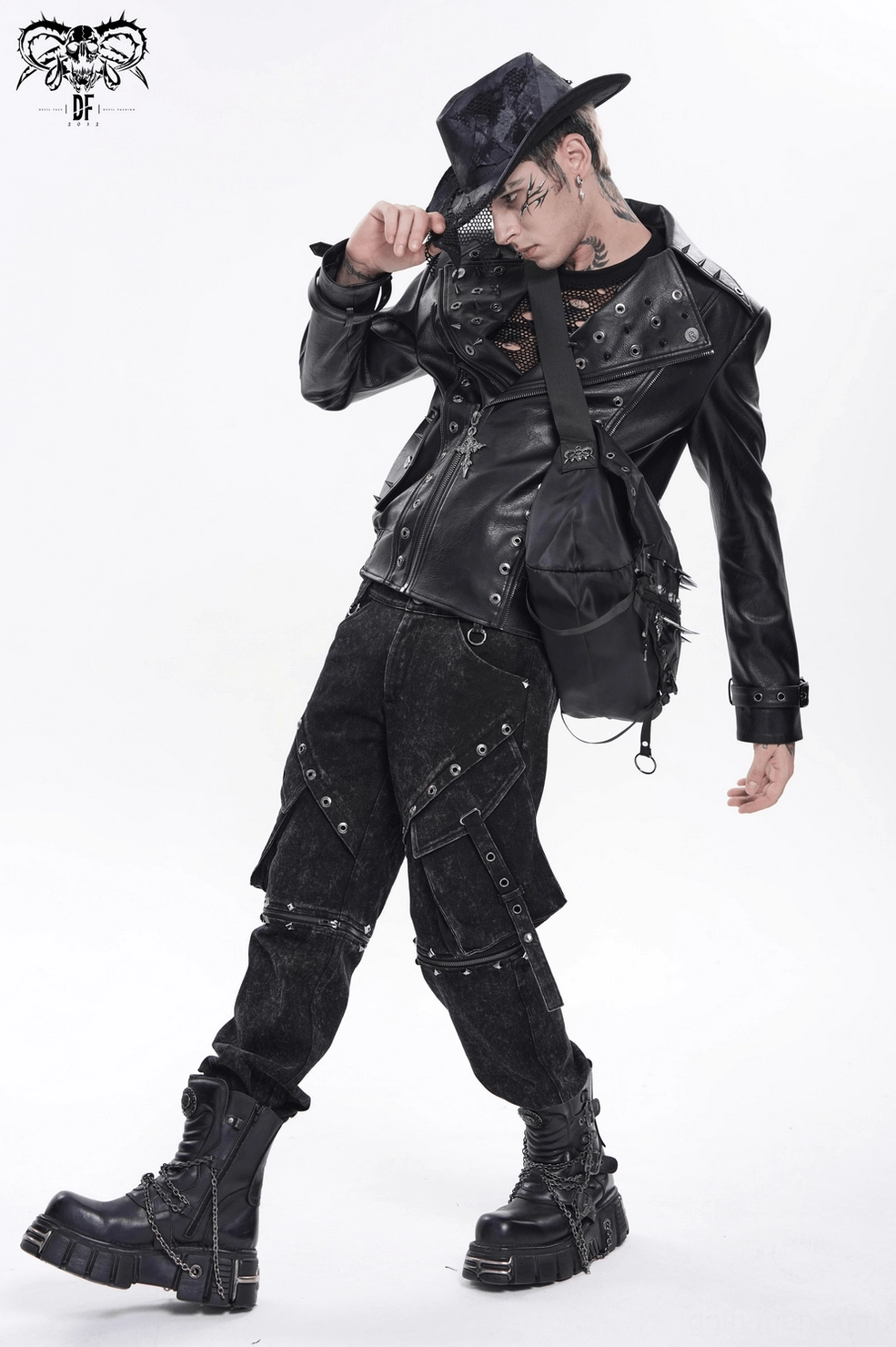 Full product display of black gothic crossbody messenger bag in natural presentation