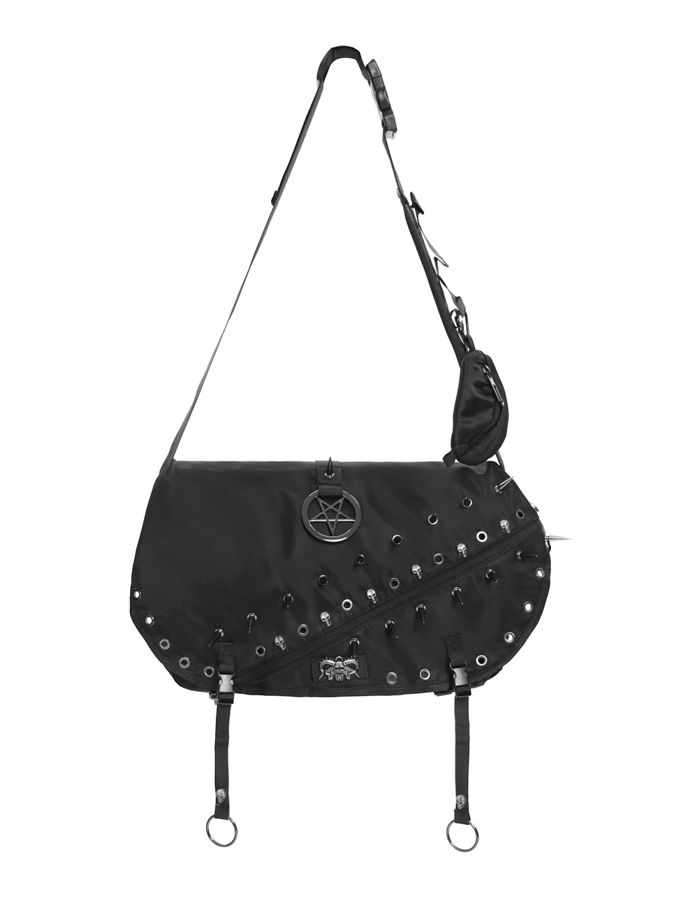 Straight-on front view of black gothic crossbody bag with prominent pentagram charm and pyramid stud embellishments