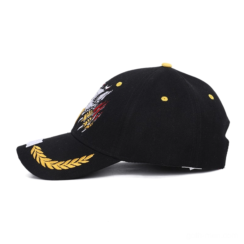 Black gothic military cap rear view showing adjustable strap and ventilation eyelets with yellow accents