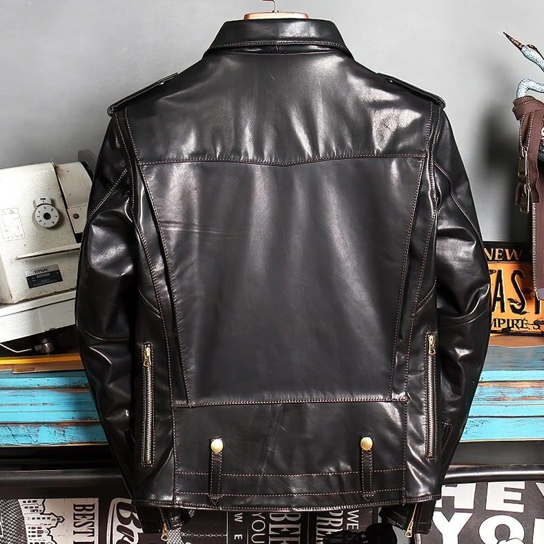 Black leather moto jacket rear view showing back yoke stitching and side zip vents, gothic style