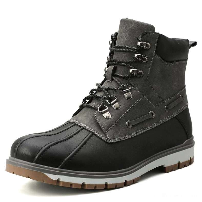 Black and gray gothic motorcycle boots with plush lining front three-quarter view waterproof split leather