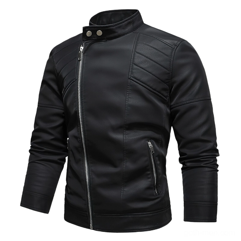 Black gothic stand collar faux leather motorcycle jacket with diagonal zipper front view