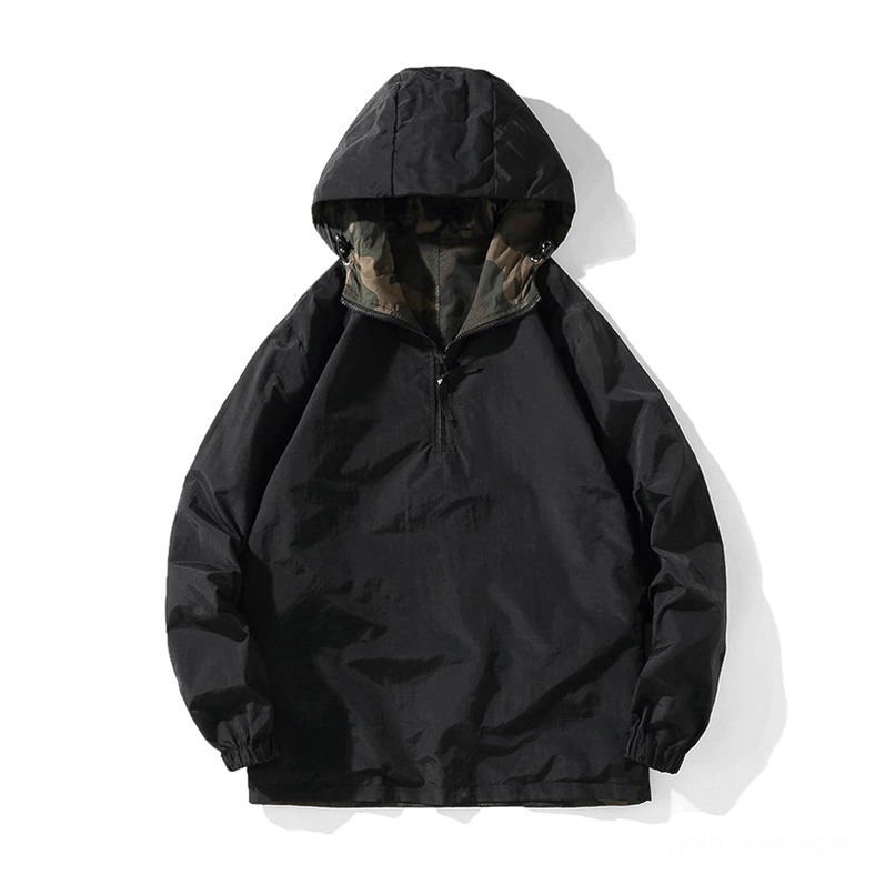 Solid black oversized gothic hoodie flat lay front featuring half-zip design and elastic cuffs