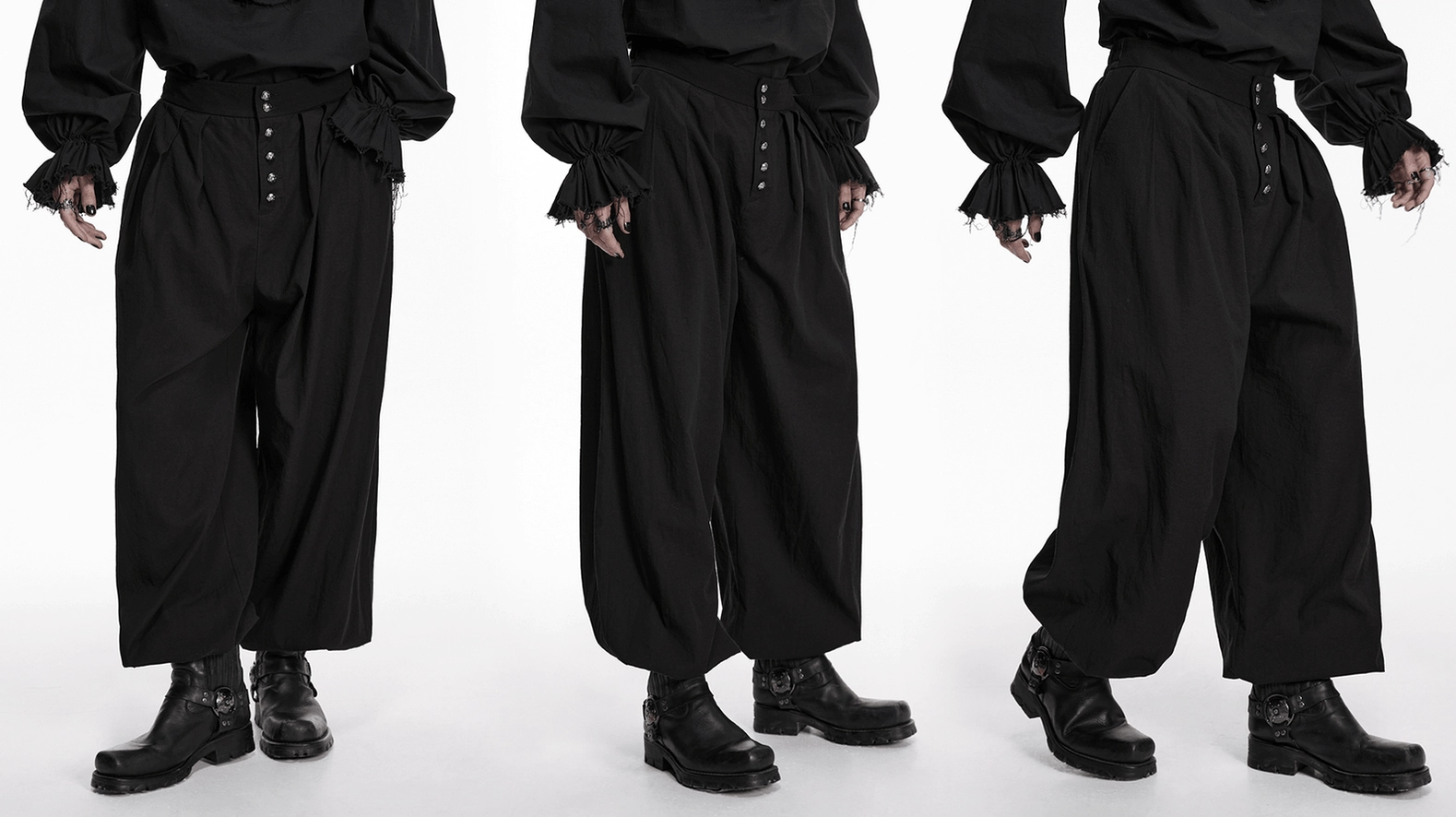 Black gothic tapered pants detail shot of gathered ankle elastic and cuff refinement on neutral studio background