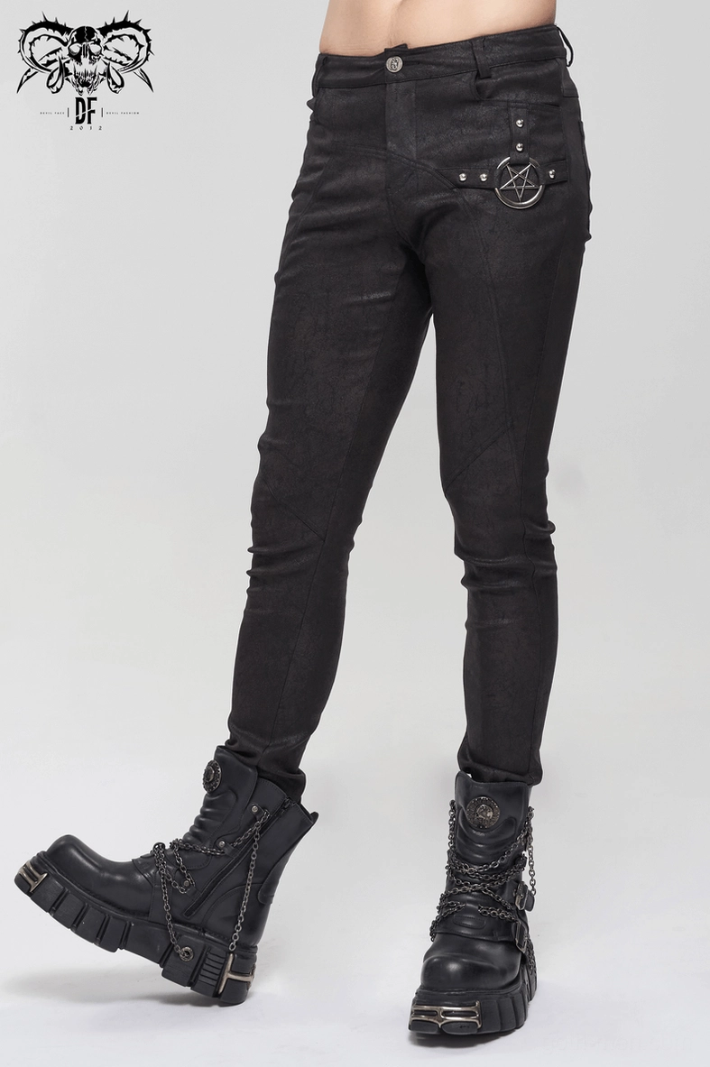 Black gothic slim fit pants cracked matte fabric distressed aesthetic detail