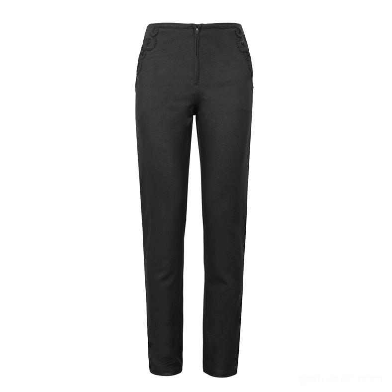 Flat lay of black gothic cargo pants displaying full silhouette with lace side pocket trim and front zipper