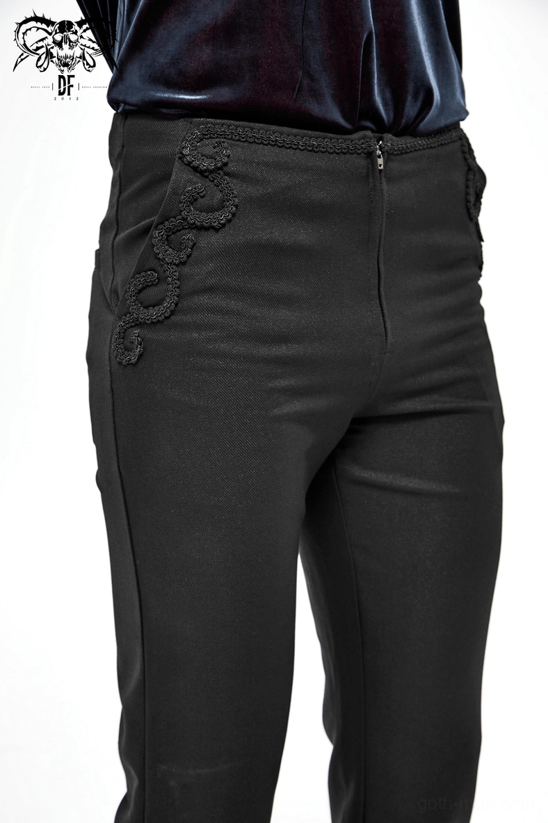 Multiple angle display of black gothic cargo pants with lace pockets and metal hardware details