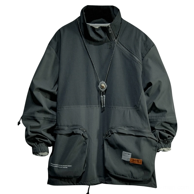 Black gothic patchwork stand collar jacket with diagonal zipper and dual cargo pockets - front view flat lay