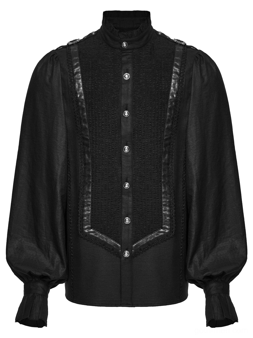 Black gothic pleated shirt detail - front flat lay view showing smocked panel and round metal buttons