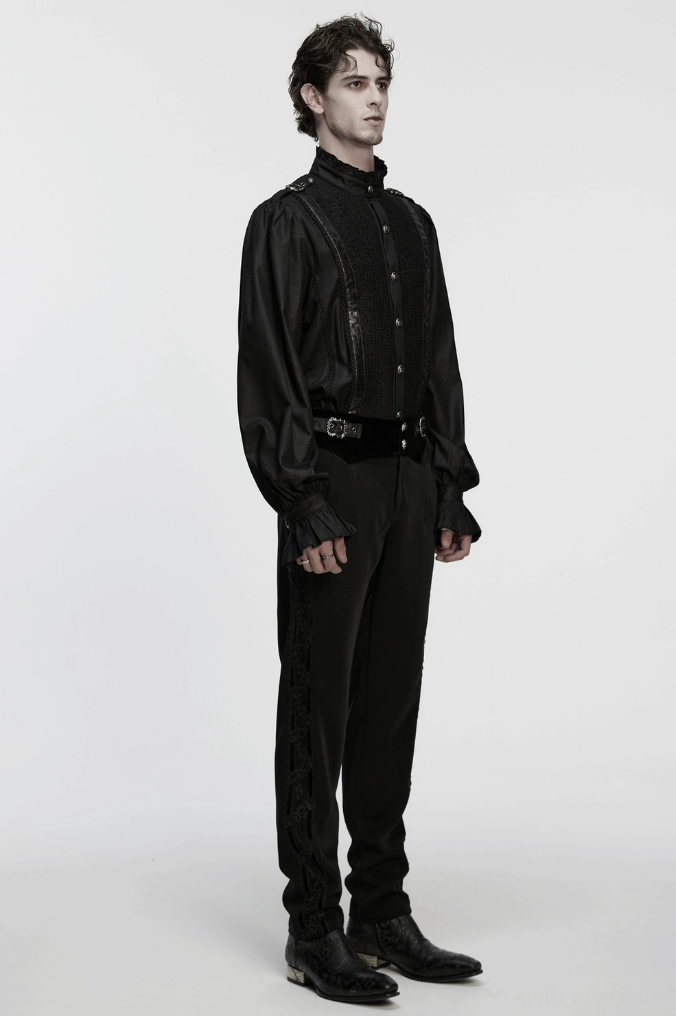 Black gothic pleated shirt with stand collar - additional styling view showcasing bishop sleeves and pleated front panel