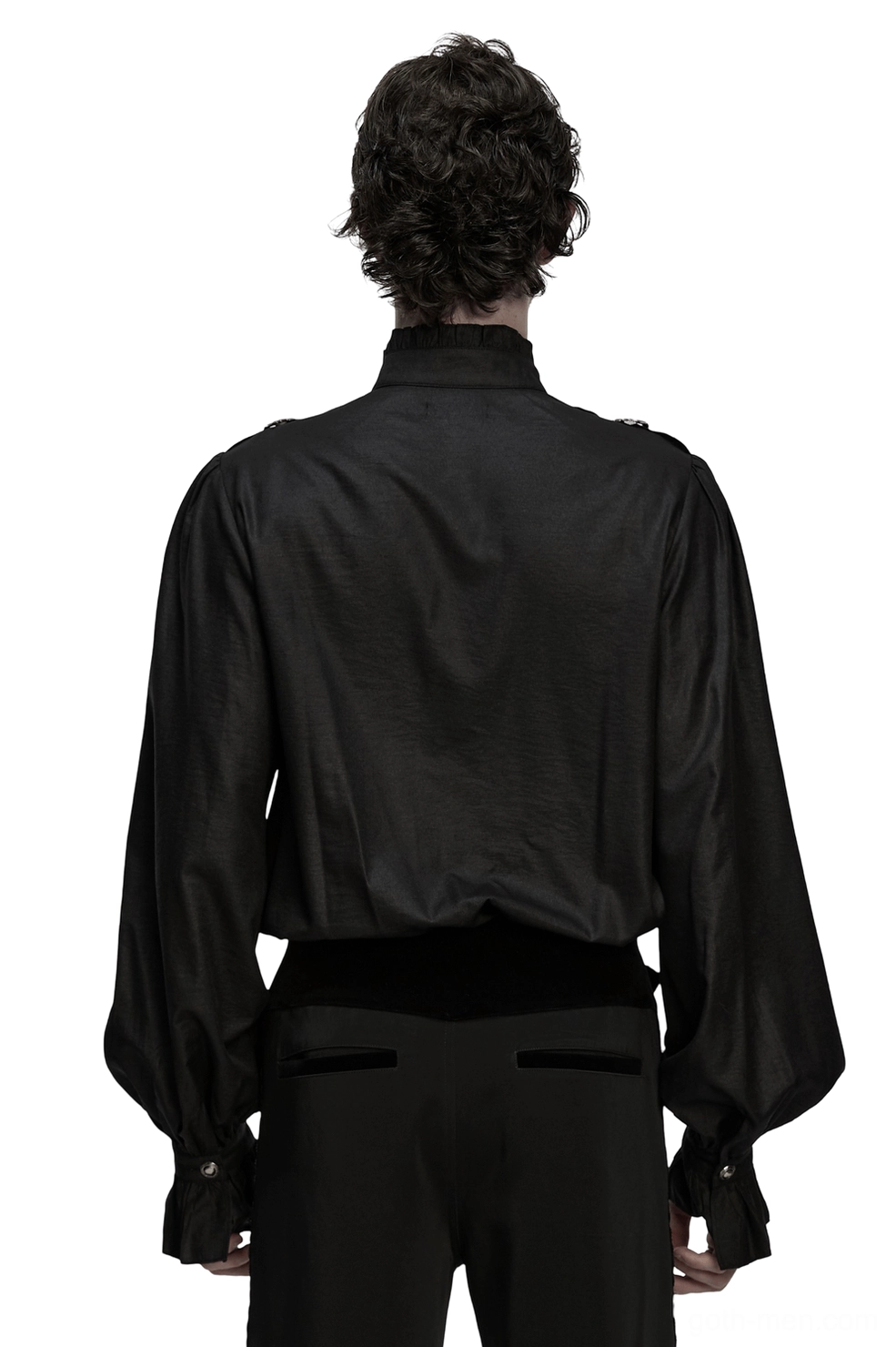 Black gothic pleated shirt with ruffled stand collar - back full body view showing fitted silhouette and gathered cuffs