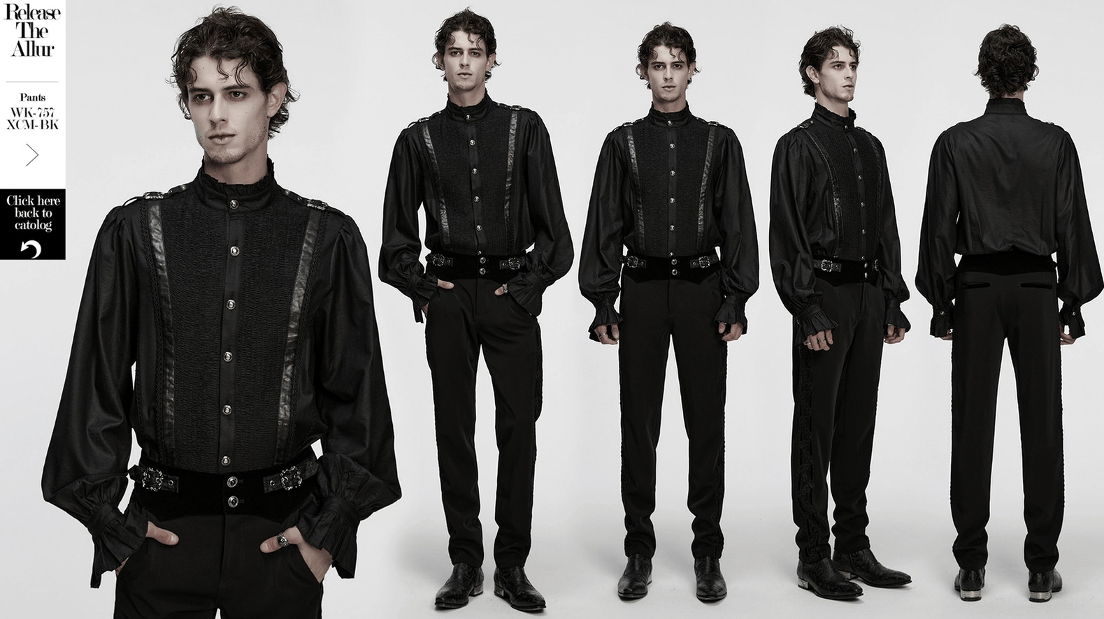 Black gothic pleated stand collar shirt - comprehensive product view displaying overall fit and architectural design elements