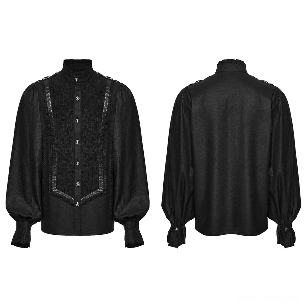 Black gothic pleated shirt with bishop sleeves - front and back flat lay showing leather-trimmed yoke and decorative pleating