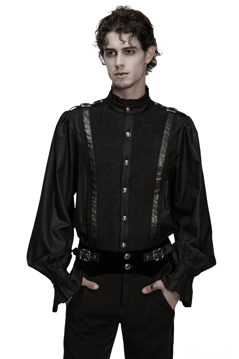 Black gothic pleated shirt with stand collar and shoulder buckles - front full body view on male model