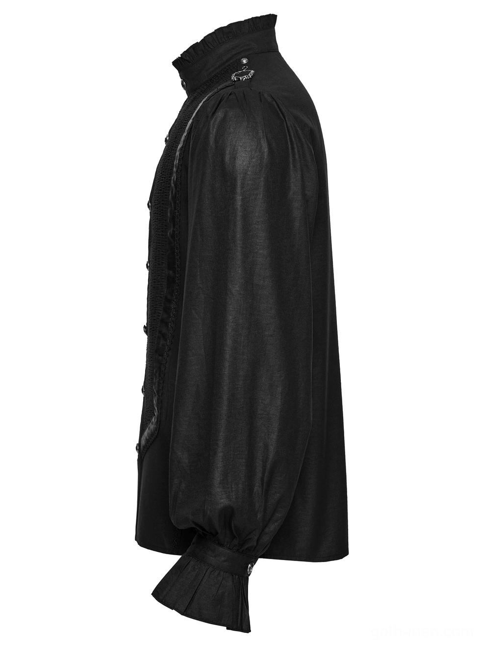 Black gothic pleated shirt - side flat lay view showing ruffled stand collar and gathered bishop sleeves