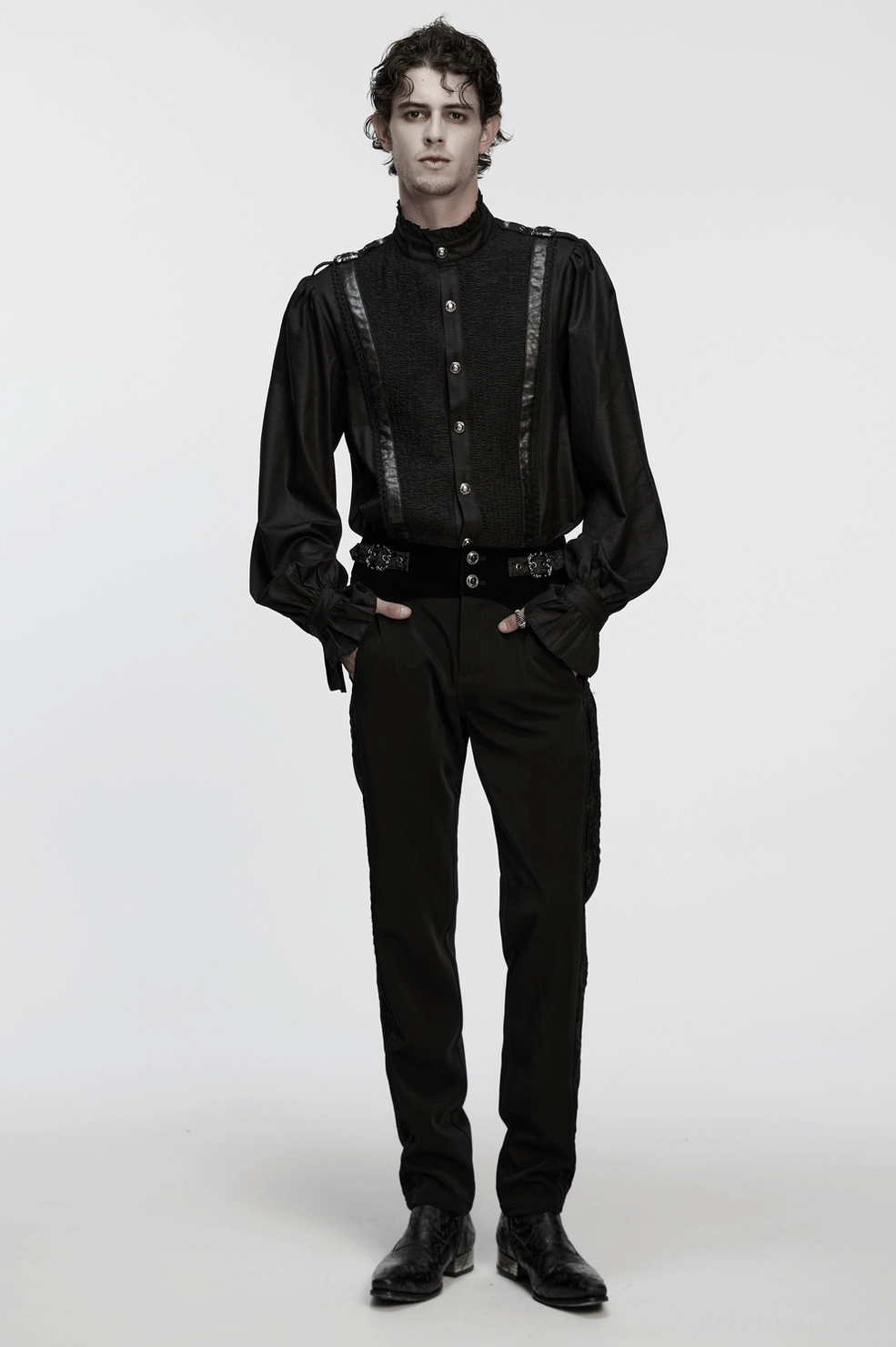 Black gothic pleated shirt with ruffled collar - alternative angle showing texture and construction of calendered woven fabric