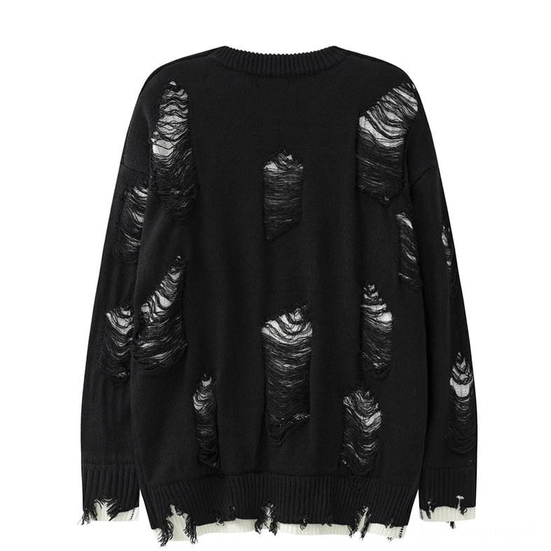 Black distressed oversized knit sweater back view showing ripped frayed patterns and crew neck - back flat lay