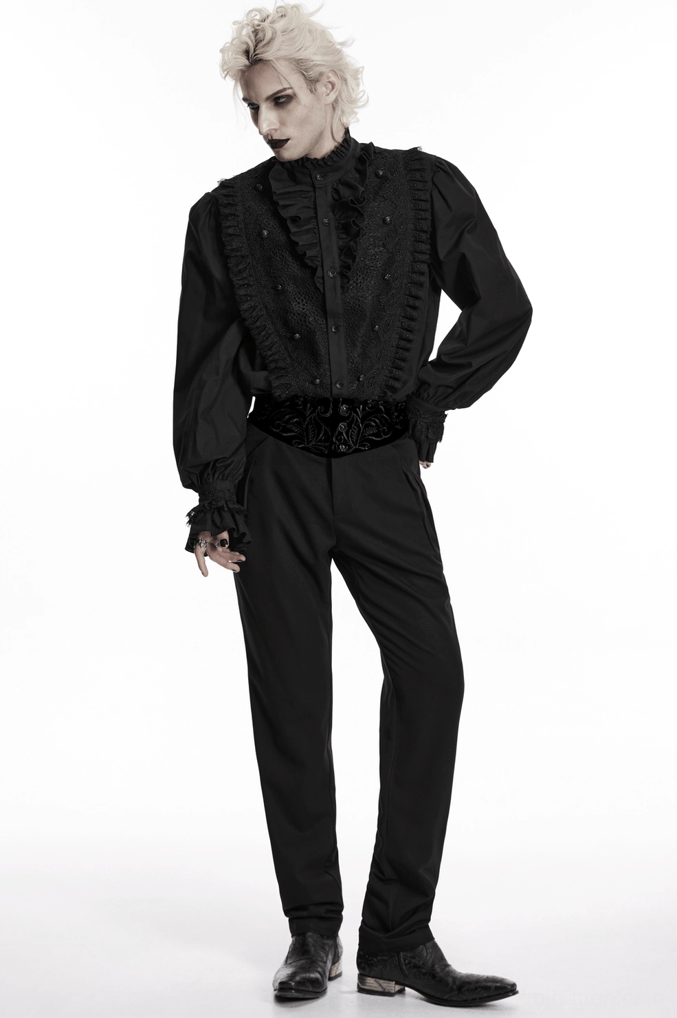 Black gothic ruffle lace shirt front display - lantern sleeves, heart-shaped lace panel, and ruffled stand-up collar aesthetic