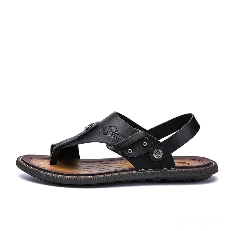 Black gothic sandals with foldable heel strap and metal rivets - three-quarter front view