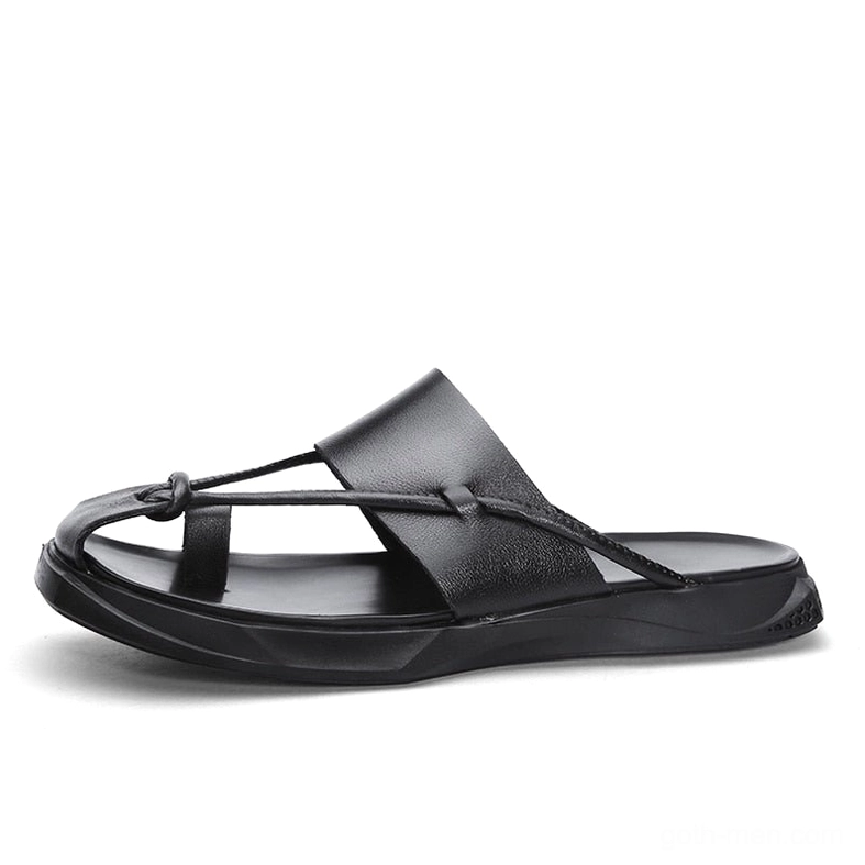 Black leather gothic sandals with open heel design, right side view showing supportive ankle wrap
