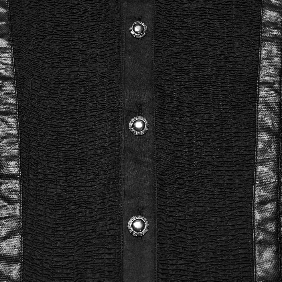 Black gothic pleated shirt front placket - close-up detail showing round metal buttons and smocked stretch fabric