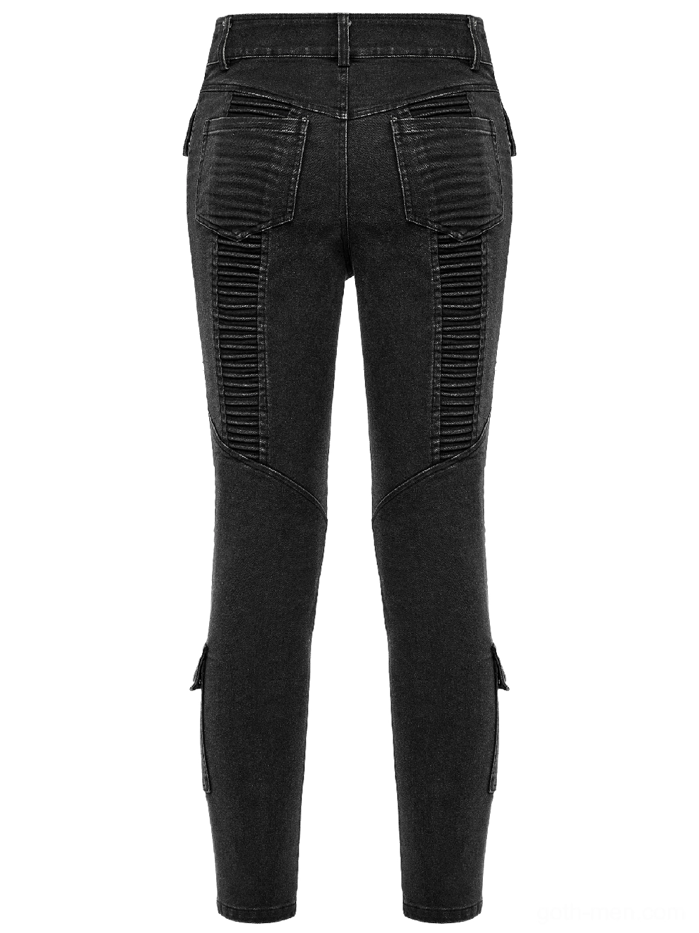 Black gothic skinny jeans back flat lay - back pockets, ribbed panels, ankle straps and hardware