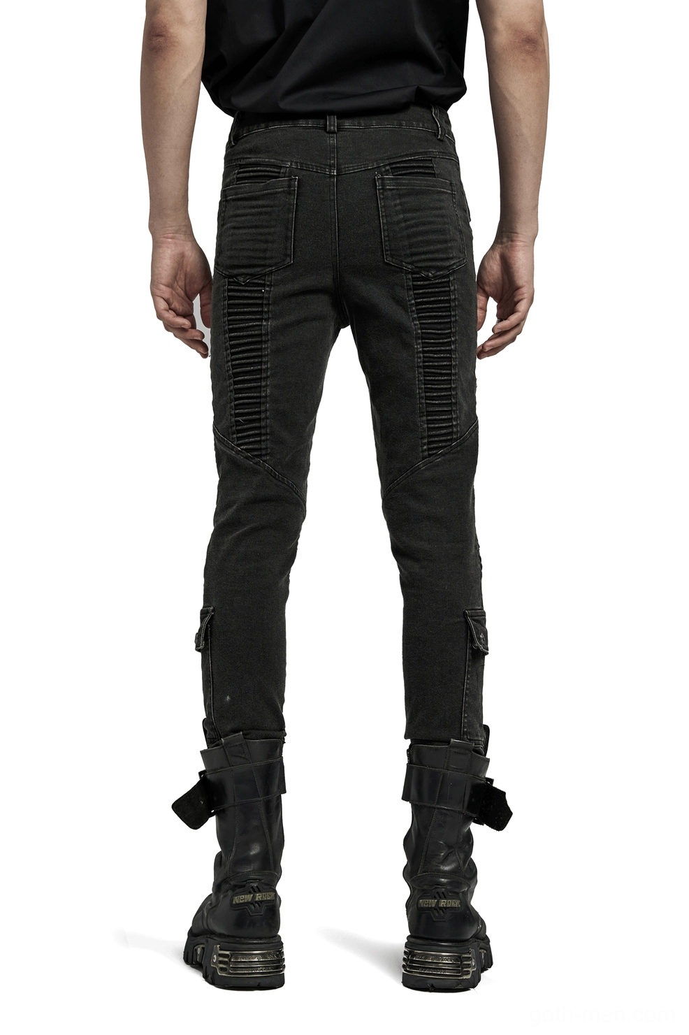 Black gothic punk jeans back view on male model - full body shot showing back pockets and ribbed panels